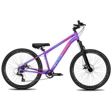 Imagem de Bicicleta Aro 26 KOG Freeride 1x7 – Estilo Grau, Suspensão 29”, Freios a Disco, Aros Vmaxx Neon – Bike Urbana de Alta Performance, Lilás, Adesivo Rosa e Azul,Vmaxx Preto Fosco