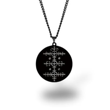 Imagem de Colar Vevê Vodu – Pingente com Símbolos dos Lwas em Aço Inoxidável (Prata, Ouro ou Preto) • Amuleto Espiritual Afro-Caribenho de Proteção, Magia e Fé (Maraca Dosou, Preto)