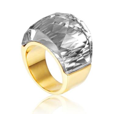 Imagem de Anel de aço inoxidável de vidro cristal banhado a ouro moderno anéis de zircônia cúbica exagerada feminina deslumbrante grande declaração strass anel coquetel festa aniversário feminino, 6, Metal