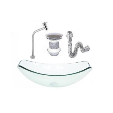 Imagem de Cuba de vidro oval chanfrada 46cm jateado + valvula + torneira + sifao