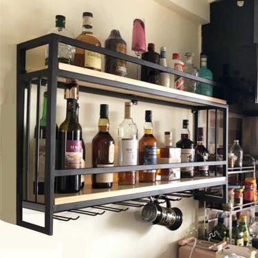 Imagem de Prateleira De Parede Rack De Vinho Estilo Nórdico Ferro Madeira Maciça Cálice De Vinho Montado Na Parede Pendurado Expositor Rack De Armazenamento De Acabamento 3 Cores
