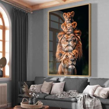 Imagem de Quadro decorativo familia de leão com dois filhotes vertical - MeMoldu