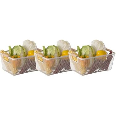 Imagem de Basicwise Conjunto de 3 cestas grandes de malha de metal multiuso com alça de madeira para cozinha, armário de banheiro, armário, bancada, suporte de frutas, piquenique, transporte de alimentos e