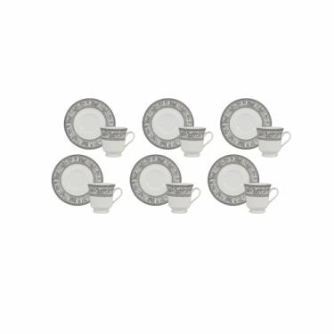 Imagem de Estojo com 6 Xícaras de de Chá com Pires. Modelo Redondo Itamaraty. Decoração Kate. Fabricado pela Porcelana Schmidt.