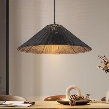 Imagem de Lingkai Lustre Grande De Vime Trançado De 23,6'', Lustre Costeiro Preto, Luminária Pendente De Cúpula De Vime Trançada À Mão, Luz Suspensa De Cesta Natural De Fazenda