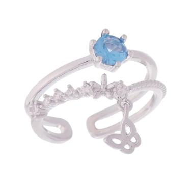 Imagem de Anéis de compromisso em camadas de zircônia cúbica azul para mulheres banhado a prata coroa de cristal borboleta borla pingente aberto anel de dedo ajustável empilhável ajuste confortável casamento