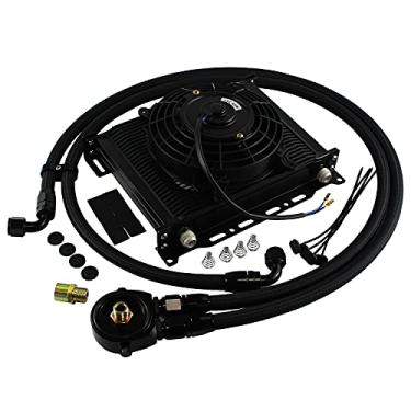 Imagem de Transmissão universal do motor de alumínio AN10 kit de refrigerador de óleo de 30 fileiras com suporte + mangueira adaptador + kit de ventilador de 7" 3/4X16 e M20X1,5 (preto, 30 linhas)