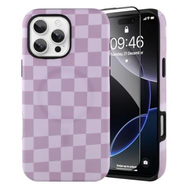 Imagem de SAKUULO Magnético para iPhone 16 Pro Max padrão roxo xeque-mate impressão padrão [compatível com MagSafe] capa de proteção reforçada carregamento sem fio, padrão roxo xeque-mate (6,9 polegadas)