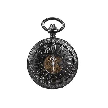 Imagem de BOSHIYA Relógios de bolso mecânicos vintage para homens, luminoso, steampunk, relógio de bolso com corrente, mostrador esqueleto preto, números romanos, relógio de bolso, presentes para o dia dos pais