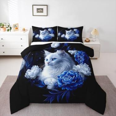 Imagem de jejeloiu Jogo de cama solteiro com estampa de gatos e margaridas para decoração de quarto de crianças, meninos, meninas, adolescentes, 2 peças, respirável, macio e leve de microfibra