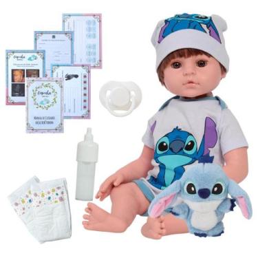 Imagem de Boneco Reborn Masculino Cabelo Castanho Roupa Stitch - Cegonha Reborn 