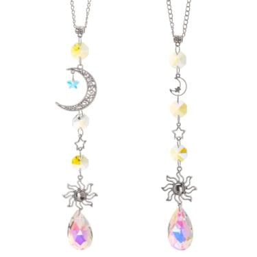 Imagem de DELORIGIN 2 peças de pingentes de carro pendurados lua estrela cristal sol espelho retrovisor ornamentos bonitos boho bola de vidro prisma pingente acessórios de espelho de carro para janela varanda