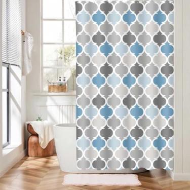 Imagem de Cortina de chuveiro azul e cinza para banheiro, cinza e branco, boêmio, elegante, padrão geométrico, cortina de chuveiro para homens ou mulheres, cortina de chuveiro boêmia, azul-petróleo e cinza