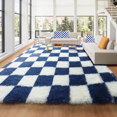 Imagem de KICMOR Tapetes de área de 20 x 25 cm para sala de estar, grande tapete felpudo macio e macio quadriculado para quarto, azul marinho e branco creme, tapete de pelúcia grande felpudo para crianças