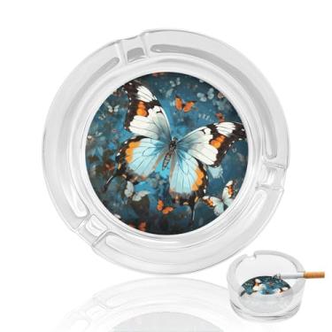 Imagem de Cinzeiro de vidro de cristal de flores e borboletas, cinzeiro redondo para fumar de vidro resistente, portátil, decorativo, moderno, para uso em casa, escritório, interior, exterior, pátio