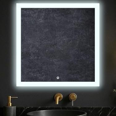 Imagem de Espelho de Parede Quadrado Borda infinita 3 Tons de LED moderno jateado lapidado decorativo iluminação Botão Sensor touch screen - 3 cores de Luz LED QUENTE, NEUTRO E FRIO (80x80cm)