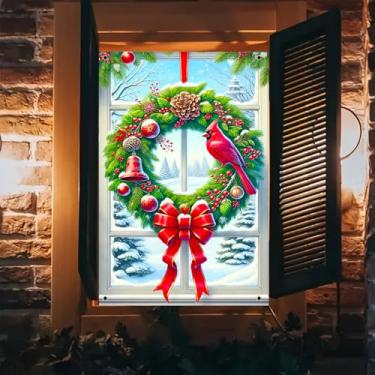 Imagem de BlissYard Capa de janela de Natal, faixa de inverno, guirlanda de férias com pinhas, pássaro cardeal, laço vermelho, 79 x 119 cm, cenário fotográfico, cenário de natureza, pôster, decoração de janela
