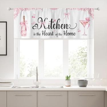 Imagem de Riyidecor Cortinas de cozinha com laço rosa bonito saia curta pequena vinho champanhe fogão rústico país haste bolso coquete casa de fazenda feminino quarto quarto sala de estar tratamento tecido 1