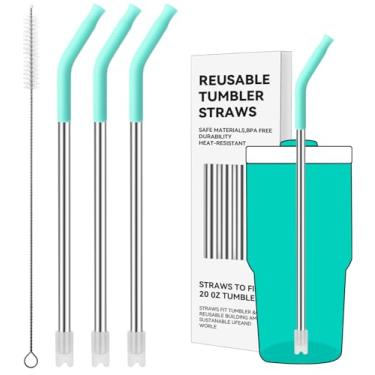 Imagem de Prurex Canudos de metal reutilizáveis com ponta de silicone para Stanley 590 ml, canudos de aço inoxidável para copo de 590 ml, 3 tubos retos e 6 pontas e 1 escova Cleanr (azul-petróleo tropical)