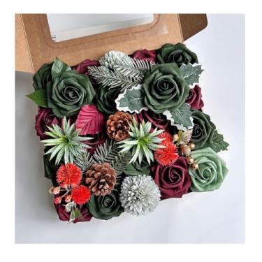 Imagem de Caixa de flores artificiais de Natal vermelho verde, poinsétias rosa, azevinho, flor de seda falsa para mesa faça você mesmo, enfeites de árvore de Natal, guirlanda de Natal, decoração de festa em