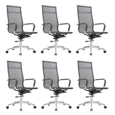 Imagem de Kit 6 Cadeiras para Escritório Presidente Giratória Aço Cromado Sidney Cinza