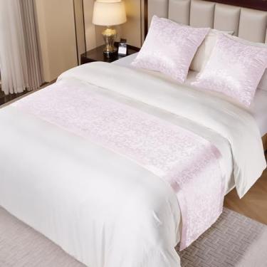 Imagem de Cobedzy Corredor de cama de cetim rosa blush para camas king size, 50 x 240 cm (20" x 94") cachecol de cama jacquard lenços de cama de cetim para hotel, casa, casa de hóspedes