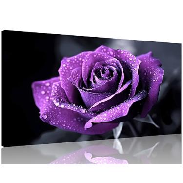 Imagem de TutuBeer 1 painel de imagens de flores roxas arte de parede em tela roxo preto e branco rosa roxa com gotas de orvalho pintura em tela esticada e emoldurada para decoração de casa sala de estar 30 x