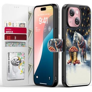 Imagem de FUNMIKO Capa de celular carteira de Natal para iPhone 13, capa de couro dobrável removível, bloqueio de RFID, 4 compartimentos para cartões, suporte magnético, design moderno, cavalo de Natal e maçã