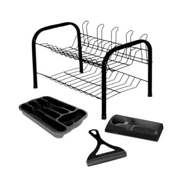Imagem de Kit Cozinha 4 Peças, Escorredor de Louça 42x25x27cm, Organizador de Talheres, Rodinho e Porta Detergente, Preto