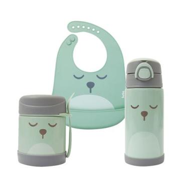 Imagem de Kit Alimentação Infantil com Garrafa Térmica Pote Térmico e Babador de