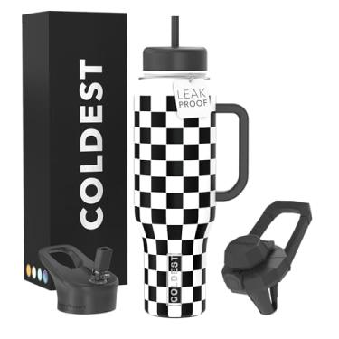 Imagem de Copo Coldest 1,134 g com alça e canudo, copo isolado 100% à prova de vazamento com tampa e canudo (3 tampas), copos de aço inoxidável para mulheres e homens, compatível com porta-copos, 1,304 g