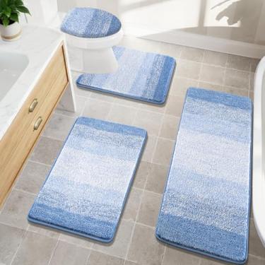 Imagem de Bsmathom Conjunto de tapetes de banheiro – 4 peças com capa de vaso sanitário, tapetes de banho macios e antiderrapantes para banheiro, microfibra felpuda de pelúcia, azul claro