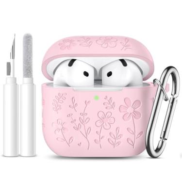Imagem de Dgege Capa para AirPods 4 (2024), linda capa de flor gravada compatível com Apple Airpods 4, capa protetora completa de silicone macio para AirPods 4 com chaveiro e kit de limpeza para mulheres