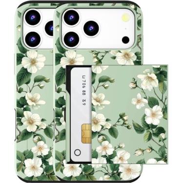 Imagem de MUQR Capa para celular 17 Pro compatível com porta-cartão fofo - Capa tipo carteira robusta com design Kawaii, proteção contra quedas de grau militar para mulheres (flores de magnólia verde florais)
