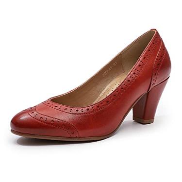 Imagem de Mona flying Sapato social feminino de couro, salto médio, bico fino, para escritório, Vermelho, 37