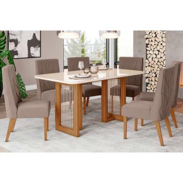 Imagem de Conjunto: Mesa Sala Jantar Yara c/ Tampo Madeirado c/ Vidro Curvo 160x90cm e 6 Cadeiras Eloa Nature/Suede Light Marrom Amêndoa - Henn