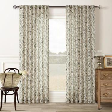 Imagem de Cortinas, dois painéis, linho floral, sala de estar com 304 cm de comp