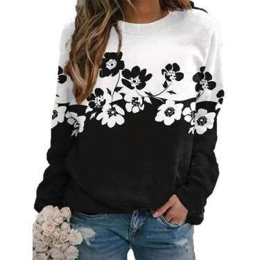 Imagem de Moletom Fronage feminino com estampa floral de paisagem preta e branca