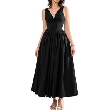 Imagem de Vestido GLNEGE: espartilho de verão Midi, decote em V, linha A e bolso