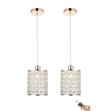 Imagem de Viosked Luzes pendentes operadas por bateria com controle remoto 2 pacotes, luz pendente recarregável sem fio, lustre de vidro de cristal dourado lâmpada suspensa de teto sem fio para cozinha ilha