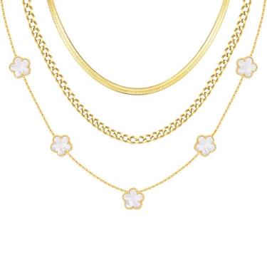 Imagem de Colar feminino em camadas de ouro - 3 peças de colares florais banhados a ouro 18K, corrente de elos cubanos empilháveis de aço inoxidável, joias modernas, gargantilhas de espinha de peixe, presentes