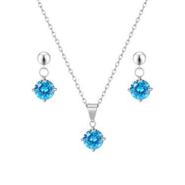 Imagem de Conjunto Feminino Colar E Brinco Aço Inox Ponto De Luz Branco Azul Vermelho Para Presente (Azul)