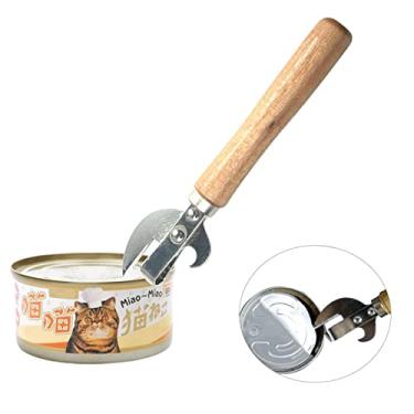 Imagem de Abridor manual de latas, abridor de garrafas de aço inoxidável com cabo de madeira, fácil de abrir multifuncional corte lateral tradicional e abridor de lata para cozinha, acampamento, viagem