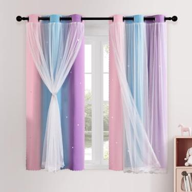 Imagem de XiDi Cortinas infantis de 113 cm de comprimento para quarto de meninas, 2 painéis, cortinas curtas blackout para quarto de bebê, escurecimento de janela, cortina de unicórnio, tema de princesa