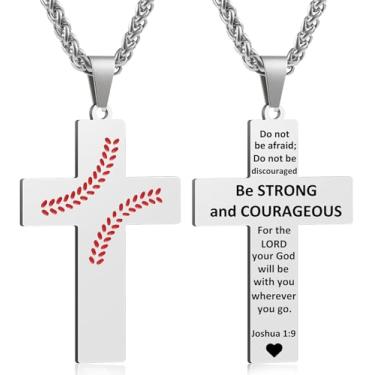 Imagem de Colar masculino com cruz de beisebol, versículo bíblico, pingente, presente para aniversário, Natal, batismo, cristão, religioso, acessórios de beisebol, presentes, Small, Aço inoxidável, Sem Pedra