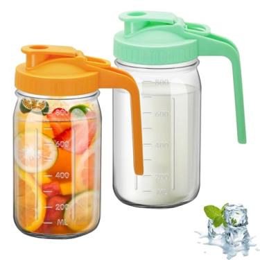 Imagem de Jarro de vidro com tampa dupla à prova de vazamento com alça, recipiente de geladeira de boca larga para leite materno para água, suco (2, laranja e verde, 946 ml)