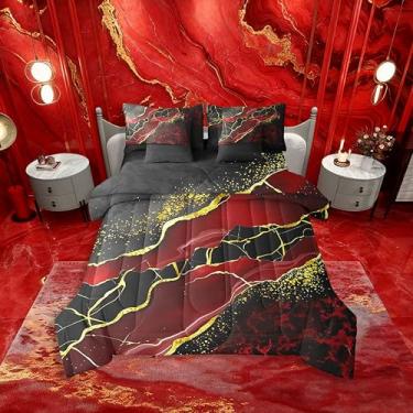 Imagem de Erosebridal Jogo de cama solteiro com 7 peças, preto, vermelho, dourado, mármore, para mulheres e adultos, conjunto de lençóis abstratos e estéticos fluidos em uma bolsa, arte brilhante, decoração de