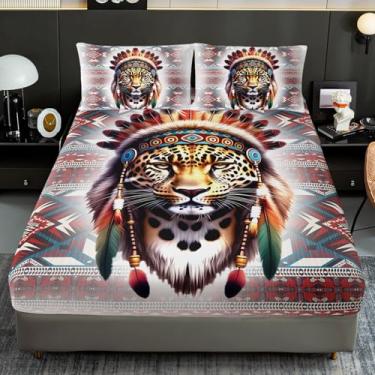 Imagem de AILONEN Jogo de lençol solteiro com estampa geométrica vintage macia de leopardo para todas as estações, caçador de sonhos, bolso alto, 1 jogo de lençol com elástico + 2 fronhas