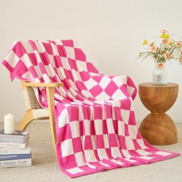 Imagem de Cobertor xadrez para sofá, cobertores quadriculados para sofá-cama, cobertor de viagem decorativo xadrez aconchegante para acampamento na sala de estar (rosa choque, 127 x 152 cm)