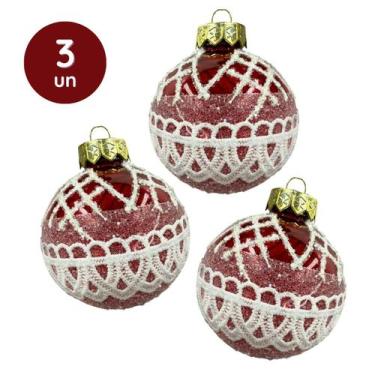 Imagem de Kit 3 Bolas Natal Vermelhas 8cm Decoradas Glitter e Renda Branca Enfei